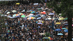 Tiotusentals människor samlades igen i söndags för att protestera mot polisbrutalitet under protesterna på lördag i Yuen Long. Tiotusentals människor med paraplyn demonstrerar i Hongkong.