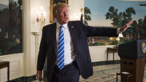 Donald Trump avlägsnar sig efter att ha hållit tal om sin Asienresa och utrikespolitik.