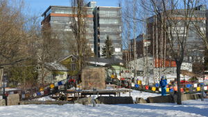 Den charmiga Äventyrsparken har fått sällskap av moderna höghus i Kuppis. Äventyrsparken med nybyggda bostadshus i bakgrunden i Kuppisparken.