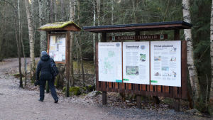 Från Flatbergsvägen i Vanda kan du ta dig in i storskogen. Informationstavla i början av en vandringsled.