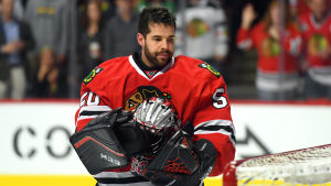 Corey Crawford gjorde 488 matcher för Chicago och vann Stanley Cup två gånger. Corey Crawford.