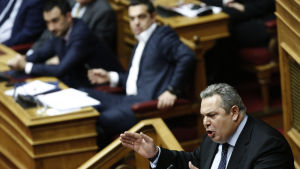 Panos Kammenos talade i parlamentet inför onsdagens förtroendeomsröstning. Panos Kammenos talade i parlamentet inför onsdagens förtroendeomsröstning.