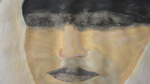 Målning som föreställer kvinna med svart flor för ögonen.