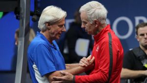 Borg och McEnroe blev goda vänner utanför banan. Den här bilden är från Laver Cup 2017. Björn Borg och John McEnroe.