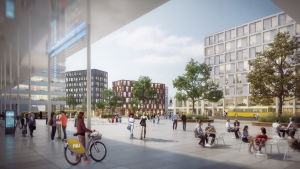 Utsikt från den nya plazan mot Kuppis station. skiss över vetenskapsparken i åbo