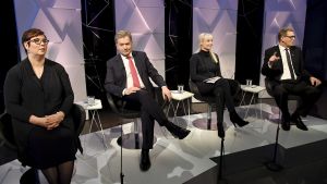Kandidaterna Kyllönen, Niinistö, Huhtasaari och Vanhanen. Kandidaterna Merja Kyllönen, Sauli Niinistö, Laura Huhtasaari och Matti Vanhanen.