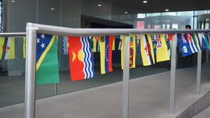 Över hälften av alla nya heltidsstuderande på Imperial College London består av internationella studerande. Flaggor på universitetet Imperial College London