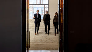 Kansanedustaja Anders Adlercreutz kävelemässä valtiosaliin johtavia portaita pitkin RKP:n eduskuntatyöntekijöiden työntekijöiden kanssa.