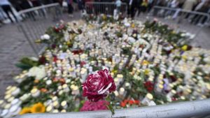 En rosavit ros i görgrunden framför ett hav av ljus och blommor som sörjande människor har placerat på Salutorget i Åbo.
