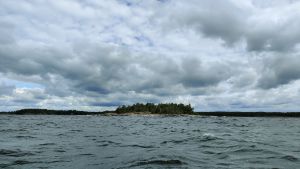 Vattnet ute i yttre skärgården var fler grader kallare än inomskärs under algutflykten. Grått hav.