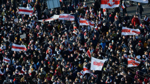 Under hösten 2020 samlades tiotusentals belarusier i flera månader i protester mot valfusk och mot Aleksandr Lukasjenkos totalitära regim. Över 30 000 personer har gripits i Belarus sedan augusti 2020. Protesterna fortsätter än idag, men deltagarantalet har sjunkit kraftigt sedan hösten. Demonstranter med vit-röda flaggor