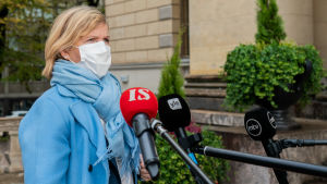 Justitieminister Anna-Maja Henriksson (SFP) vill snabba på processen med att byta personbeteckning för dem som drabbats av dataintrånget. Oikeusministeri Anna-Maja Henriksson antaa haastattelua Säätytalon portailla.