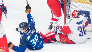 Anrei Hakulinen hittade rätt i den första perioden. Anrei Hakulinen firar sitt mål i Lejondebuten.
