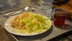 Skinkfrestelse - ett praktexempel på husmanskost. En tallrik med skinkfrestelse och sallad på en lunchrestaurang.
