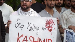 En demonstrant i den pakistanska delen av Kashmir kräver ett slut på våldet. En demonstrant i den pakistanska delen av Kashmir kräver ett slut på våldet.