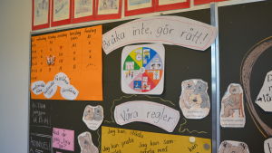 Undervisningen ska inte påverkas då lärarna permitteras bara tre dagar. Arkivbild. Väggen i ett klassrum på Vaasan keskuskoulu.
