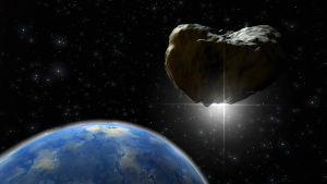 Asteroidernas destruktiva kraft är inget att leka med. Jorden bär många spår av de här kosmiska kollisionerna, till exempel Söderfjärdens krater nära Vasa. De må vara spännande och intressanta, men vi vill helst undvika att nya sådana uppstår inom den överskådliga framtiden, för då är vi illa ute. En asteroid närmar sig jorden i artistens vision.