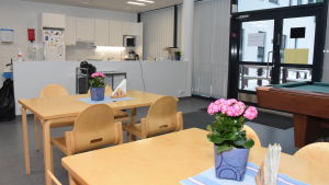 Det gick hur bra som helst att se in i matsalen innan gardinerna hängdes upp. Matsalen i Rasevorgs mentalvårdscenter hars tora fönster så man ser bra in, men nu hänger det gardiner i fönstren.