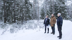 Anna-Maija Nordling, Niklas Tevajärvi och Marcus von Schantz framför den skog där det finns planer på att bygga höghus. Anna-Maija Nordling, Niklas Tevajärvi och Marcus von Schantz på en snöig väg med skog i bakgrunden.