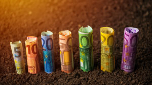 Stöden till jordbruken är arealbaserade och baserade på förbrukningen av brännolja. Eurosedlar på mylla.