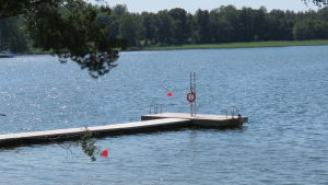 Bryggan vid Furutorps badstrand i Bromarv. En lång brygga vid en badstrand. Sommar och sol