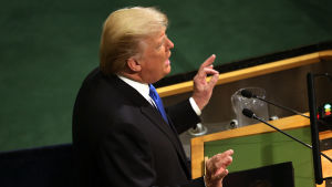 Trump talar inför FN:s generalförsamling i september 2017. President Donald Trump talar inför FN:s generalförsamling