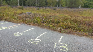 Sekunderna det tog för olycksfordonet att nå plankorsningen. Siffrorna 9, 10, 12, 13 skrivna med krita på en asfalterad väg nära ett järnvägsspår.