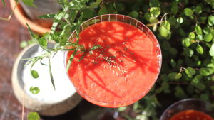 Röd mocktail med en rosmarinkvist och sprinklade kumminfrön i ett cocktailglas på fot.