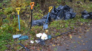 Kommunen hade hämtat rejält med arbetsredskap till talkot. Redskap för trädgårdsarbete.