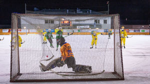 Lönlöst att försöka stå emot. Bilden är tagen bakom ett bandymål. Målvakten försöker hindra motståndarlagets spelare i gröna kläder från att skuta i mål.