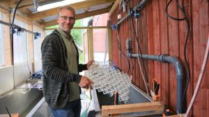 Biträdande professor Christoffer Boström visar upp den holländska innovationen - ett nedbrytbart nät gjort av restprodukter av potatis. I bakgrunden skymtar vågtankarna där experiment utförs. En ljushårig man med glasögon som är klädd i en grå jacka och en grön t-skjorta håller i ett vitt plastaktigt nät.