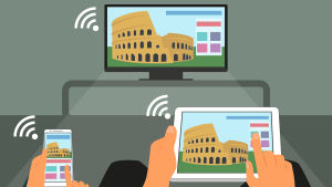 Uppdatera dina uppkopplade apparater! En illustration av en mobil, en surfplatta och en tv som är kopplade till samma nätverk.