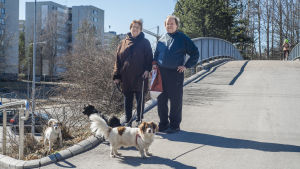 Sinikka Nordlund och Timo Heinonen tycker att lokaldemokratin fungerar i Västerkulla. Staden ordnar bland annat invånarkvällar på skolan. Sinikka Nordlund och Mikko Heinonen vid Hinderparken i Vanda.