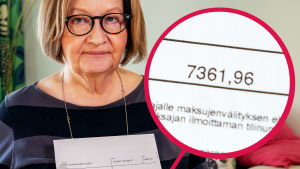 Anita Ström-Sosoi näyttää 7361,96 euron laskua.