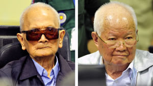 Khieu Samphan (tv.) lider av hjärtproblem och fick höra domen i enrum. Röda khmerernas ledare är vid det här laget gamla män.