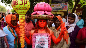 Narendra Modis anhängare i Varanasi har klätt sig som en lotusblomma som är det hindunationalistiska BJP:s symbol Narendra Modis anhängare i Varanasi har klätt sig som en lotusblomma som är det hindunationalistiska BJP:s symbol