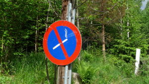Den här hemgjorda förbudsskylten finns på Viveka Grönlunds gård. ett hemgjort förbudsmärke där tobaksrökning är förbjudet. Finns hemma på gården hos en läkare.