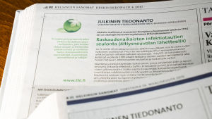 Tällaisella lehti-ilmoituksella biopankki Borealikseen siirrettiin yli kaksi miljoonaa näytettä. Lähikuva THL:n sanomalehdessä julkaistusta julkisesta tiedonannosta.