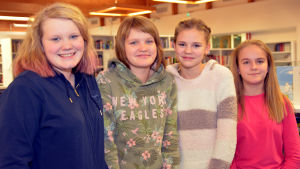 Lina och Emilia Löflund, Julia Wikman och Linda Österman. Fyra flickor poserar i Ingå bibliotek. De heter Lina och Emilia Löflund, Julia Wikman och Linda Österman.