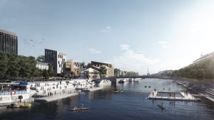 Så här kunde det se ut vid östra delen av åstranden i framtiden, vid Åbo stadsteater. Visioner för Aura å. Bland annat planeras en simbassäng i ån.