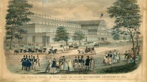 Kristallipalatsi rakennettiin vuoden 1851 maailmannäyttelyä varten. Vykort från världsutställningen i Crystal Palace i London 1851.