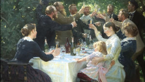 "Hip, hip, hurra! Kunstnerfest på Skagen" (1888) av den danske konstnären Peder Severin Krøyer (1851–1909). Bild på den danske konstnären Peder Severin Krøyers tavla "Hip, hip, hurra! Kunstnerfest på Skagen".