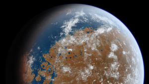 En konstnärs uppfattning av hur Mars kan ha sett ut då planeten hade hav. En konstnärs uppfattning av hur Mars såg ut när planeten hade vatten.