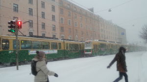 Spårvagnstrafiken stod stilla i Helsingfors.