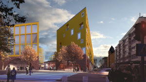 Så kan Citymarketkvarteret se ut i framtiden. En gatukorsning med ett högt trekantigt hus i mitten.