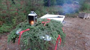 Här står julbordet dukat med granris snarare än risgrynsgröt. Granris på ett bord i skogen