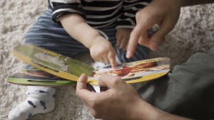 De kan också ge tips till rådgivningspersonal om hur de i sin tur kan uppmuntra föräldrar att läsa för sina barn. Ett litet barn tittar i en bok tillsammans med en vuxen