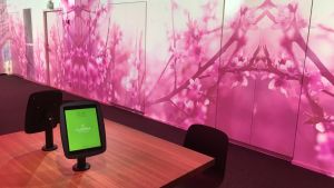i "Sinneskitteln" undersöker man hur vi upplever matstunden i olika omgivningar. Rosa körsbärsblommor projiceras på väggarna i ett forskningsutrymme.