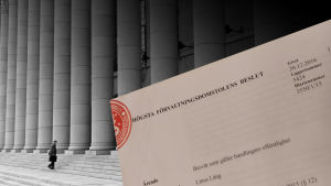 Högsta förvaltningsdomstolen beslöt att uppgifter om riksdagens besökare är offentliga. Men det är omöjligt att få insyn i uppgifterna eftersom de förstörs dagligen. Bildkollage: person som går uppför riksdagshusets trappor och Högsta förvaltningsdomstolens beslut.