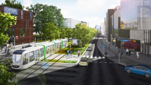 Så här ska spårvägen se ut i Lund. Visionsbild över spårvagn på Sölvegatan i Lund.
